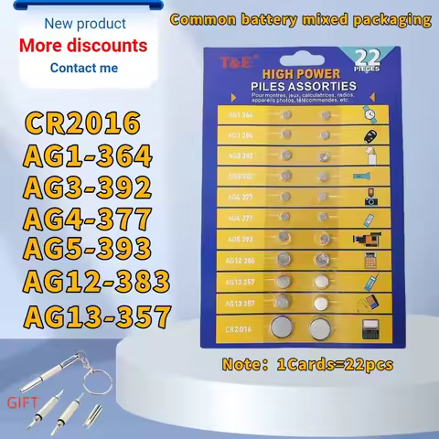 22PCS AG1 LR621 AG3 LR41 AG4 377 AG5 LR754 AG12 LR43 AG13 LR44 CR2016Button Batteries Cell Coin Watc