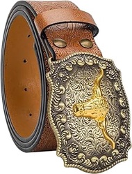 Western Cowboy Belt for Men and Women, Vintage Flower Engraved Bull Head Buckle, Cowgirl Waist Belt 