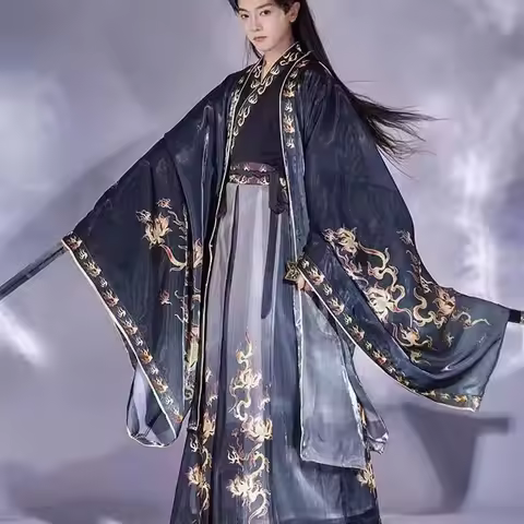 Large Size 3XL Hanfu Men Chinese Traditional Hanfu Couples Halloween Cosplay Costume Gradient Blue&R