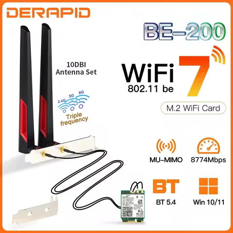 BE200 WiFi7 Adapter Bluetooth 5.4 6GHz Wireless Card BE200NGW 802.11BE PC/Laptop Antenne Set M.2 NGF