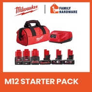 MILWAUKEE M12 Battery Starter Pack M12-201B M12-301B M12-401B Battery M12-601B Charger MCB-M12 Bag M