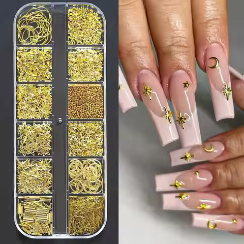1Box Gold Metal Star/Moon Nail Charms 12 Grids Mixed Glitter Metal Rivets Nails Decoration DIY Manic