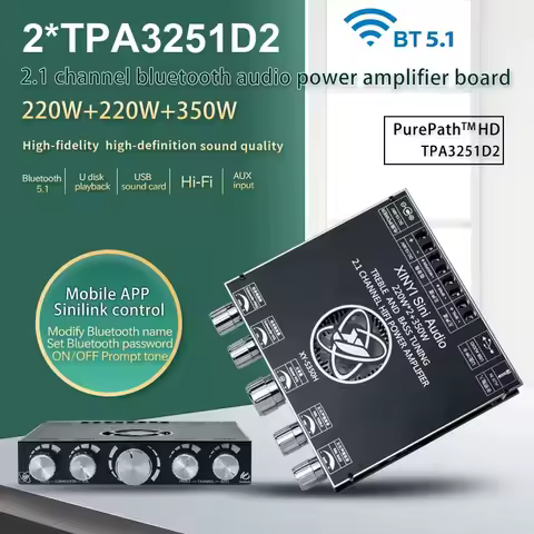 2*220W+350W Bluetooth TPA3251 Power Amplifier Board USB Sound Card Subwoofer Theater Audio Stereo Eq