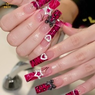 Long Square Rose Red Press on Nails  3D Press ons Gothic Gyaru Acrylic Nails for DIY Nail Design Art