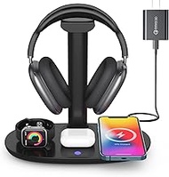 Suguder Headphone Stand with 15w Wireless Charger, 4 in 1 Qi Charging Station Headset Holder for Air