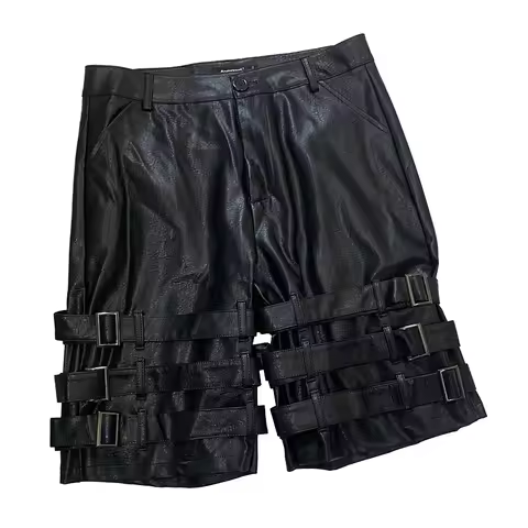 Nerazzurri Summer Autumn Black Faux Leather Shorts for Men with Many Belt Mens High Waist Short Stra