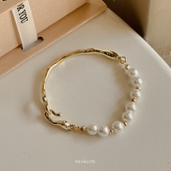 Moska Arli Bracelet with Pearls Bangle in Gold Platting Natural Baroque Pearls Waterproof Bracelet B