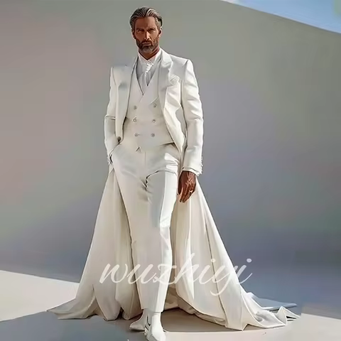 Boutique Men's Fashion Suits Peak Lapel Single Breasted Slim Fit Long Train Jacket Vest Pant 3 Piece