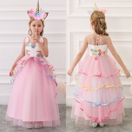 Unicorn Dress for 7yrs old kids girls party birthday 3 5 8 10 years old rainbow long gown with headb