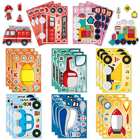 8/16Sheets Make Your Engineering Transportation Vehicles Puzzle Sticker for Kids Children Constructi