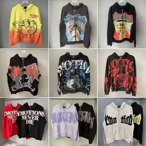 Mixed Emotion Zipper Hoodie Thin 100% Cotton Diamond Pattern Casual Streetwear Sweatshirt Mixed Emot