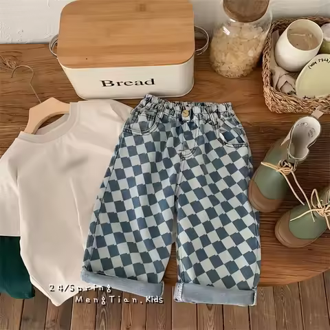2-7 Y Kids Pants Plaid Boys Trousers Denim Kids Pants Casual Boys Jeans Fashion Kids Full Length Pan