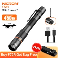 NICRON ไฟฉาย10850ชาร์จ F72R ไฟฉาย LEDไฟฉายปากกาไม้ขีดสี Light450lumen ระยะลำแสง125เมตรไฟฉายกันน้ำ F7