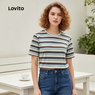 Lovito T-shirt Kasual Jalur Sisi Ringkas Musim Bunga/Panas untuk Wanita L155ED633