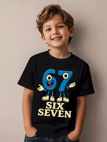 Six Seven Italian Brain Rot Math Joke T-Shirt Funny Number 67 Design Casual Short Sleeve Round Neck 