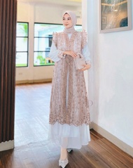 Leonia Dress Set Outer Brokat Two in One Fashion Wanita Outfit Lebaran Warna Putih Terbaru