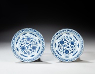 A pair of blue and white barbed 'floral' dishes, Seal marks and period of Qianlong | 清乾隆 青花花卉紋菱口盤一對 
