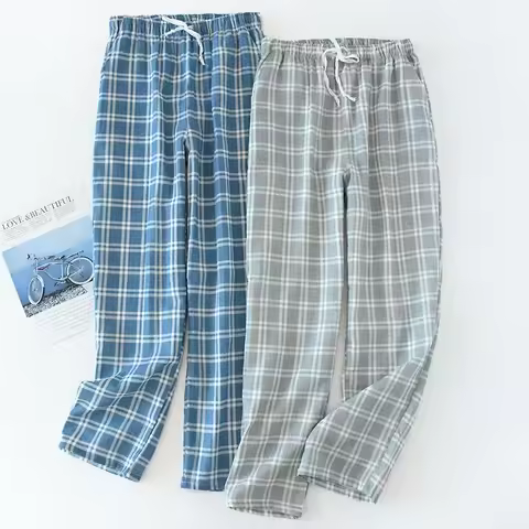 Men's Cotton Gauze Trousers Plaid Knitted Sleep Pants Woman Pajamas Pants Bottoms Sleepwear Short fo