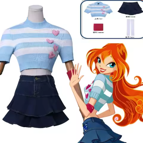 Bloom Cosplay Costume Blue Striated Sweater Vintage Jeans Skirt Cartoon Magic Club Fairy Bloom Outfi