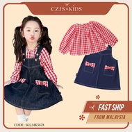 Set Gaun Budak Perempuan Biru Kain Petak & Apron Denim 2-8 Tahun (Girls Kids Top & Denim Apron Dress