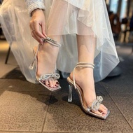 Oversized women's high heels, 9p model with pointed straps and luxurious number 8 stone bows, diamon