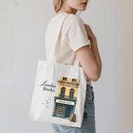 [1 Pack Reusable Canvas Tote Bag]  London Books Store Facade Art -Large Capacity Shoulder&Handbag-Du