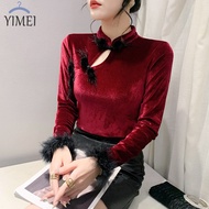 Yimei Quần Áo Nữ ngoại cỡ mới áo thun nhung đỏ dài tay sang trọng thiết kế mùa thu và mùa đông cho n