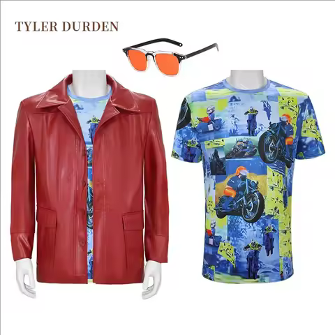 Men Fight Club Tyler Durden Cosplay Costumes In Stock Brad Biker Leather Jacket Red Coat Shirt Glass