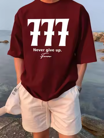 Never Give Up Number 777 Print Man T-Shirt Cotton Sports Tops Summer Casual T Shirt Street Breathabl