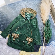 森林綠經典x文藝拼花口袋 粗織燈芯絨連帽雙排釦大衣外套vintage
