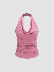 Cider Solid Ruched Halter Top