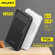 AWEI P5K Portable Powerbank 10000mAh Powerbank Dual USB Type C Micro Dual Input Travel Powerbank for
