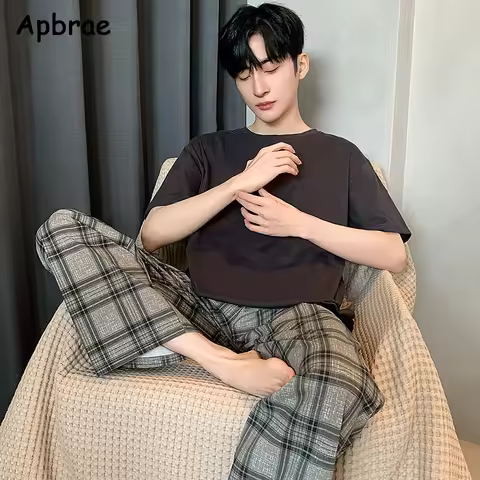 Spring Autumn Men Pajamas Soft Short Sleeves Long Plaid Pants Pajama Sets Plus Size L-3XL Man Homewe