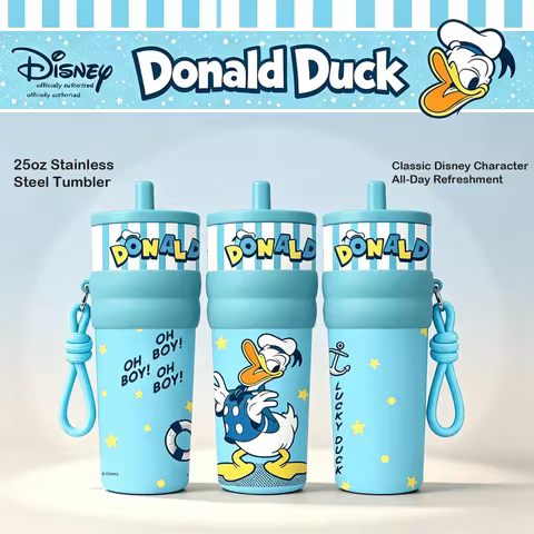 1pc 25oz Disney Donald Duck Stainless Steel Tumbler Insulated Travel Mug with Straw Hanging Rope Por