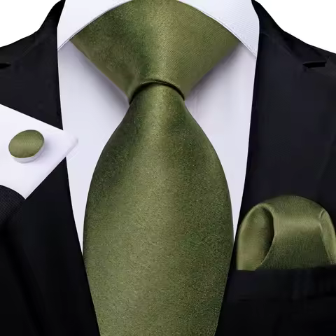 DiBanGu New Olive Green Solid Silk Ties for Men Pocket Square Cufflinks Gift Wedding Party Accessori