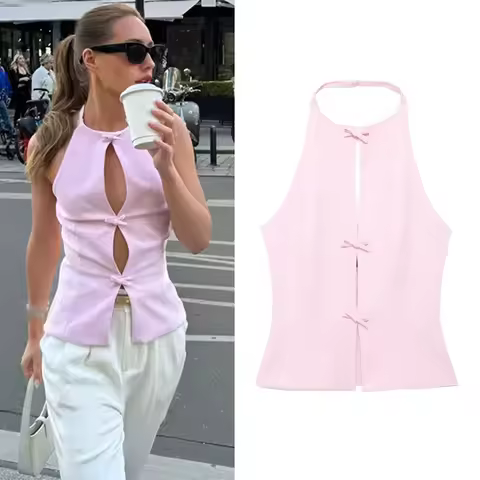HXAO 2024 Women Fashion Bow Solid Halter Tops Women Hollow Out Sleeveless Backless Tank Top Summer 2