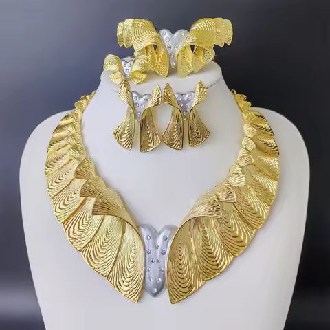 ESALE African Gold Color Big Jewelry Set Exaggerated Statement Large Necklace Bracelet For Women Wed
