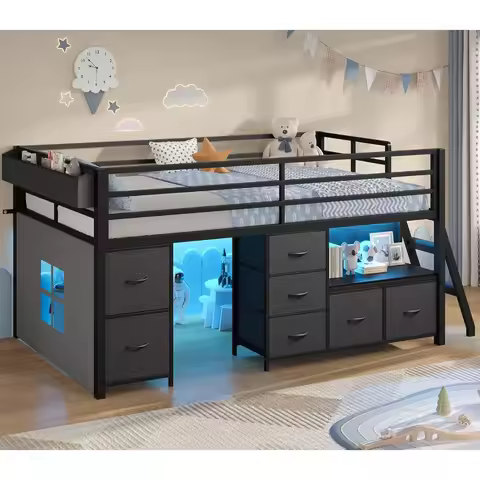 Low Loft Bed Twin Size with 7 Storage Drawers Bookcase and LED Lights Metal Loft Bed with 14 H Safet