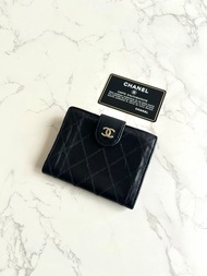 中古Chanel黑金色羊皮皮革中夾 皮夾 錢包 短夾 二手包 小包 古董