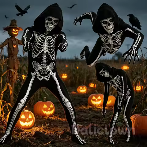 Scary Halloween Skeleton Horror Kids Hooded Costume Zombie Grim Reaper Costume Boys Girls Dark Spook