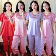 【37-90KG】2PCS Ice Silk Pajamas Sets Plus Size Women Summer Cool Silky Home Clothes Suit Sleepwear Fa