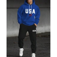 Plus Size Men's New Hoodie Sweatsuit Set, Street Style Emo Pattern Band T-Shirts, Basketball Outfit,