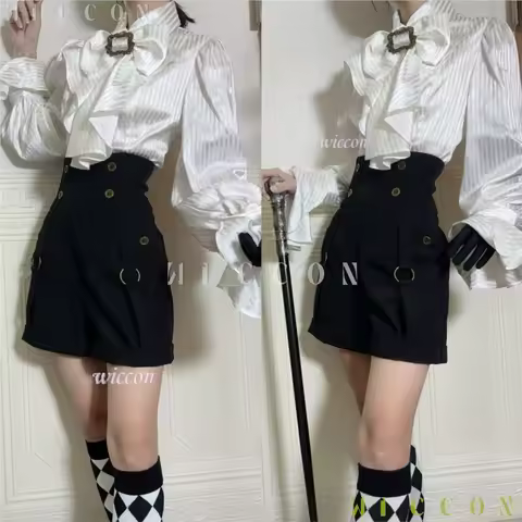 Ouji Jirai Kei Lolita Prince Style Shirt Shorts Vintage Long Sleeve White Flared Stand Collar French