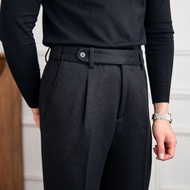 Mr. Lusan British Men Winter Thickened Herringbone Pattern Black &amp; Warm Pants Versatile Retro Casual Woollen Trousers