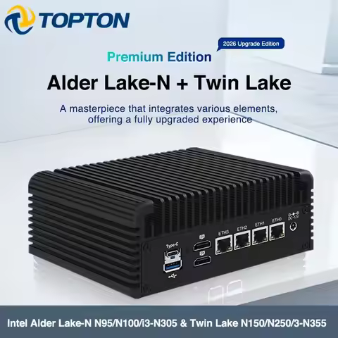 Topton Solid Fanless PC Computer Intel Core 3 N355 N305 N150 N95 4x2.5G LAN Type-C 2*NVMe+SATA 5xUSB