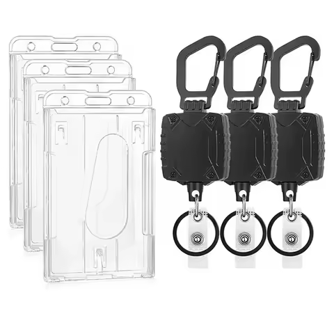Transparent Vertical Dual Card Holder Black Heavy Duty Outdoor Keychain Hook Buckle Id Badge Holder