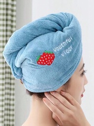 1件淺藍色干髮帽刺繡草莓圖案卡通可愛聚酯纖維沐浴帽女吸水速干加厚洗髮袋頭巾不褪色不掉毛軟家居成人干髮巾適用於浴室、節日、禮品