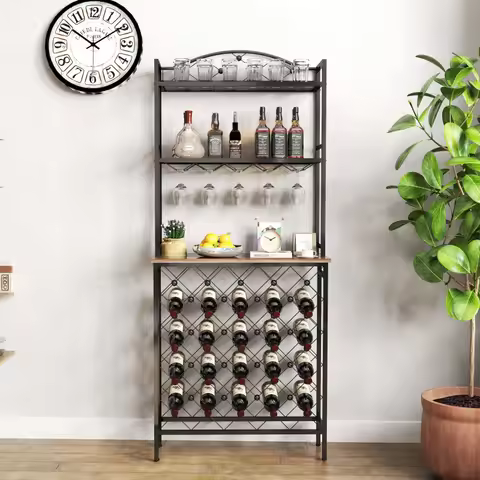 Industrial Wine Rack Bar Table, 3-Tier Liquor Bottle and Glass Holder with Storage Shelves, Metal an