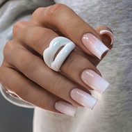 Chinese Square Nails White Gradient Wear Nails Autumn Winter Brown Milky White Nails Removable Manic