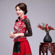 สไตล์ประจำชาติท่อนบนลายดอกโบตั๋นแขนยาวสีแดงใหม่เสื้อผ้าท่อนบนสำหรับชุดจีนแขนยาวเซ็กซี่ Voile สำหรับฤดูร้อน